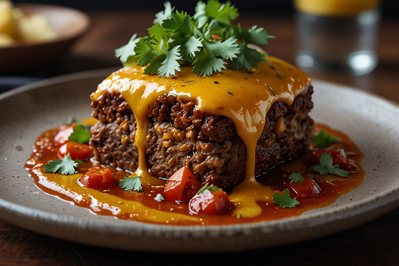 Close-up of Zesty Mexican Taco Meatloaf topped with melted cheddar cheese and spicy salsa, garnished with fresh cilantro.