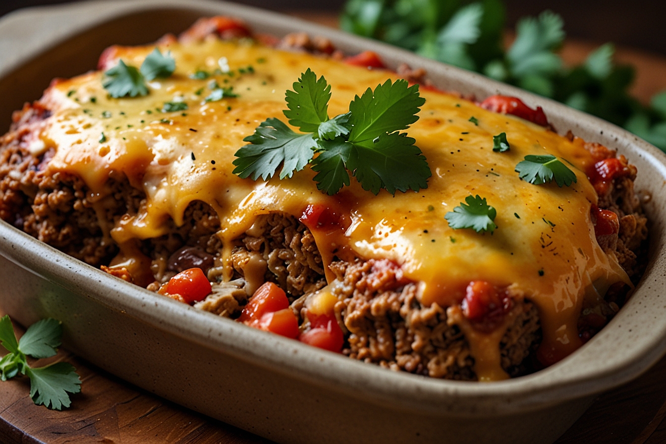 Mexican Meatloaf Casserole with melted cheddar and salsa, garnished with fresh cilantro.