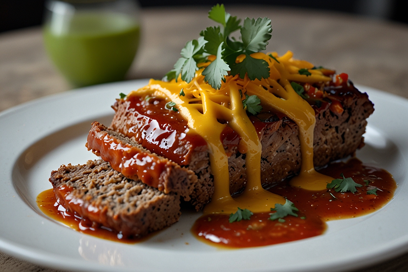 Mexican Taco Meatloaf topped with melted cheddar cheese and salsa, garnished with fresh cilantro.