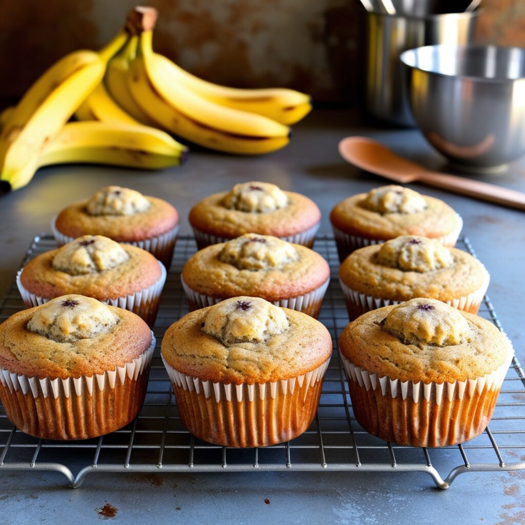 Freshly baked banana muffins cooling on a wire rack with bananas and baking utensils in the background.