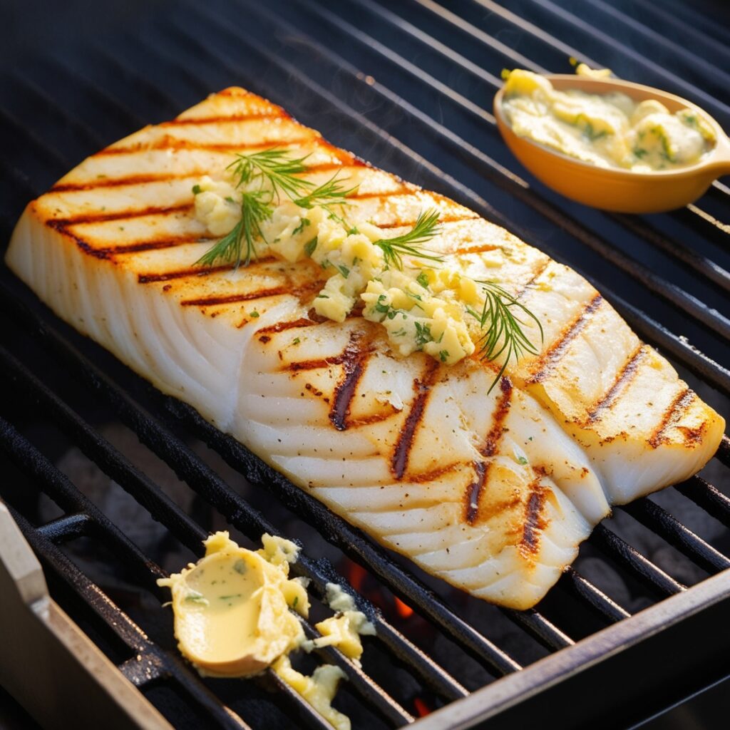 Perfectly grilled halibut fillet with garlic butter on a grill