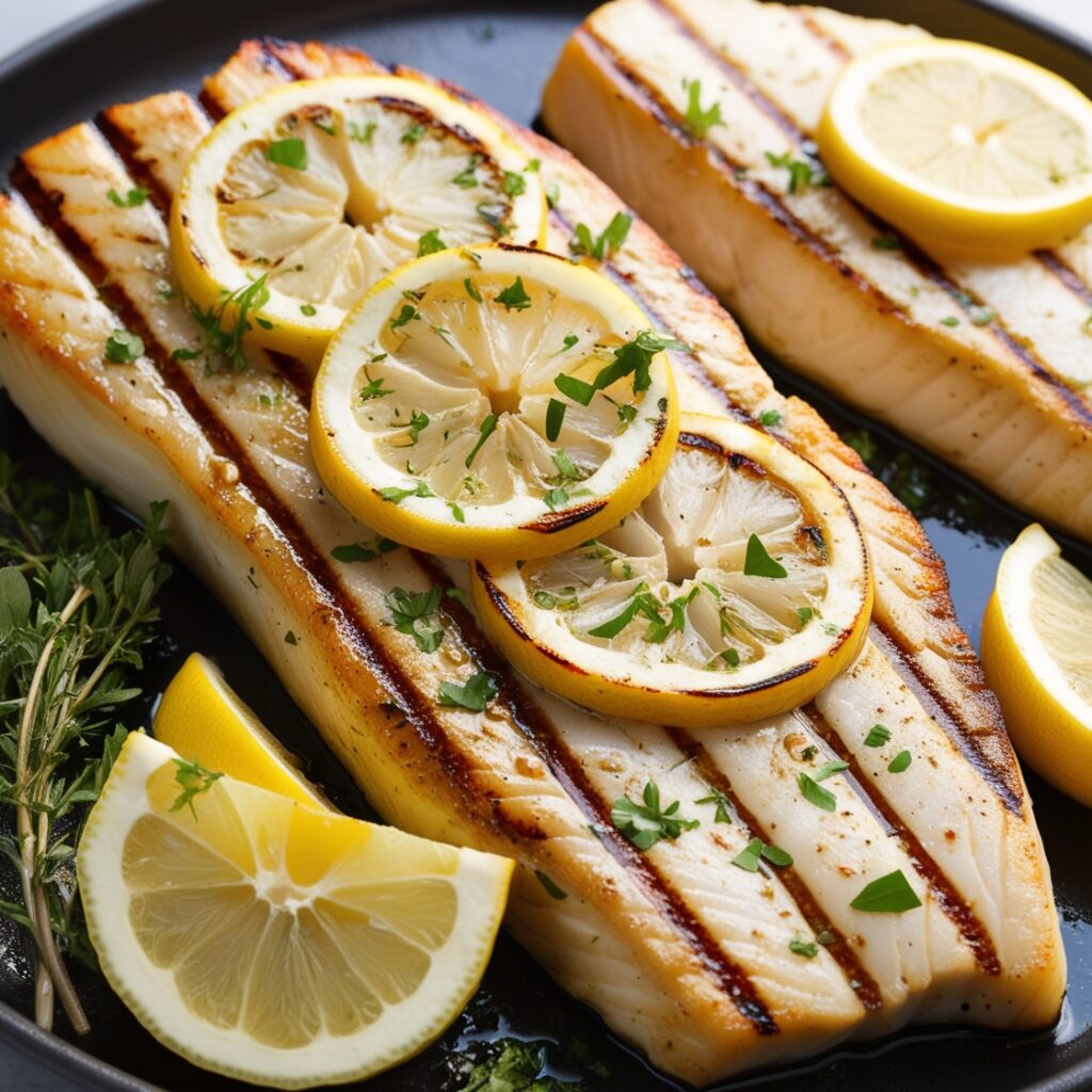 Grilled halibut steak served with lemon and herbs