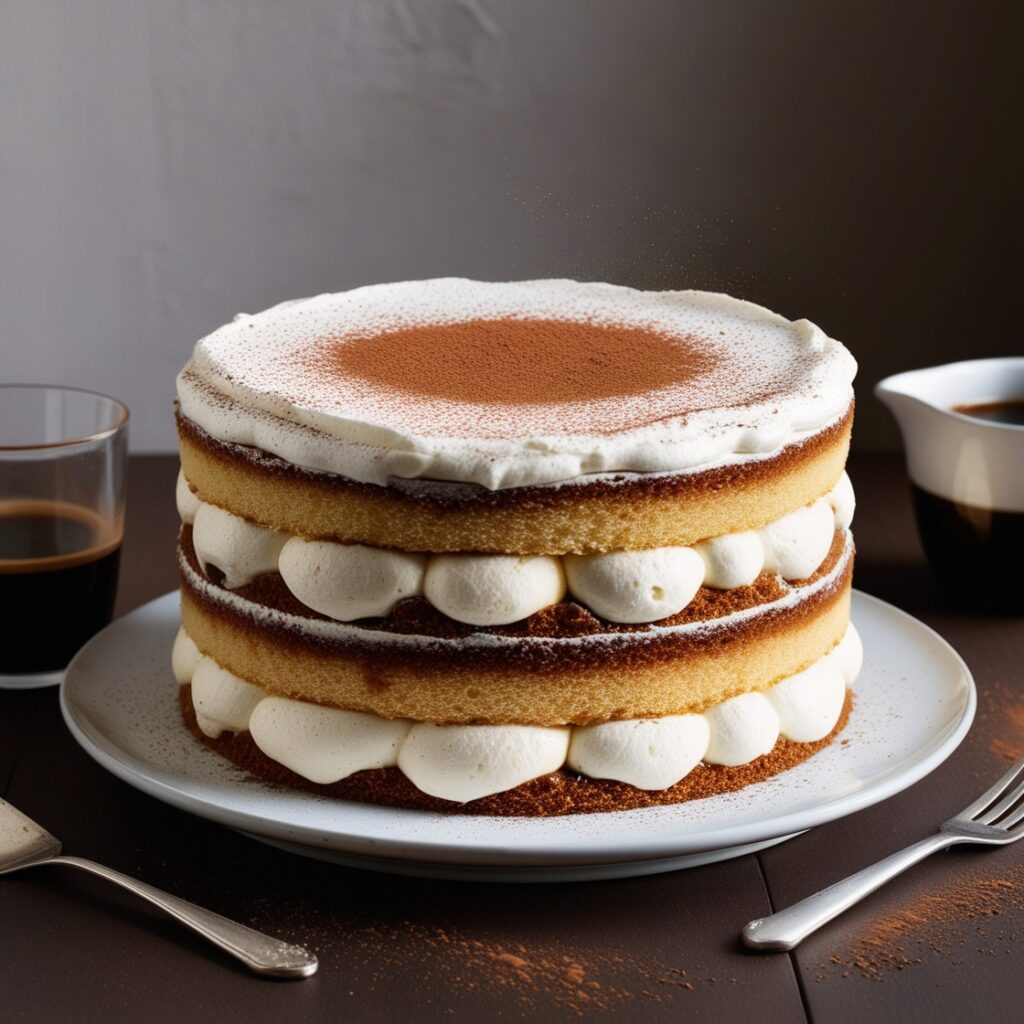 Tiramisu Cake with Mascarpone and Cocoa Dusting