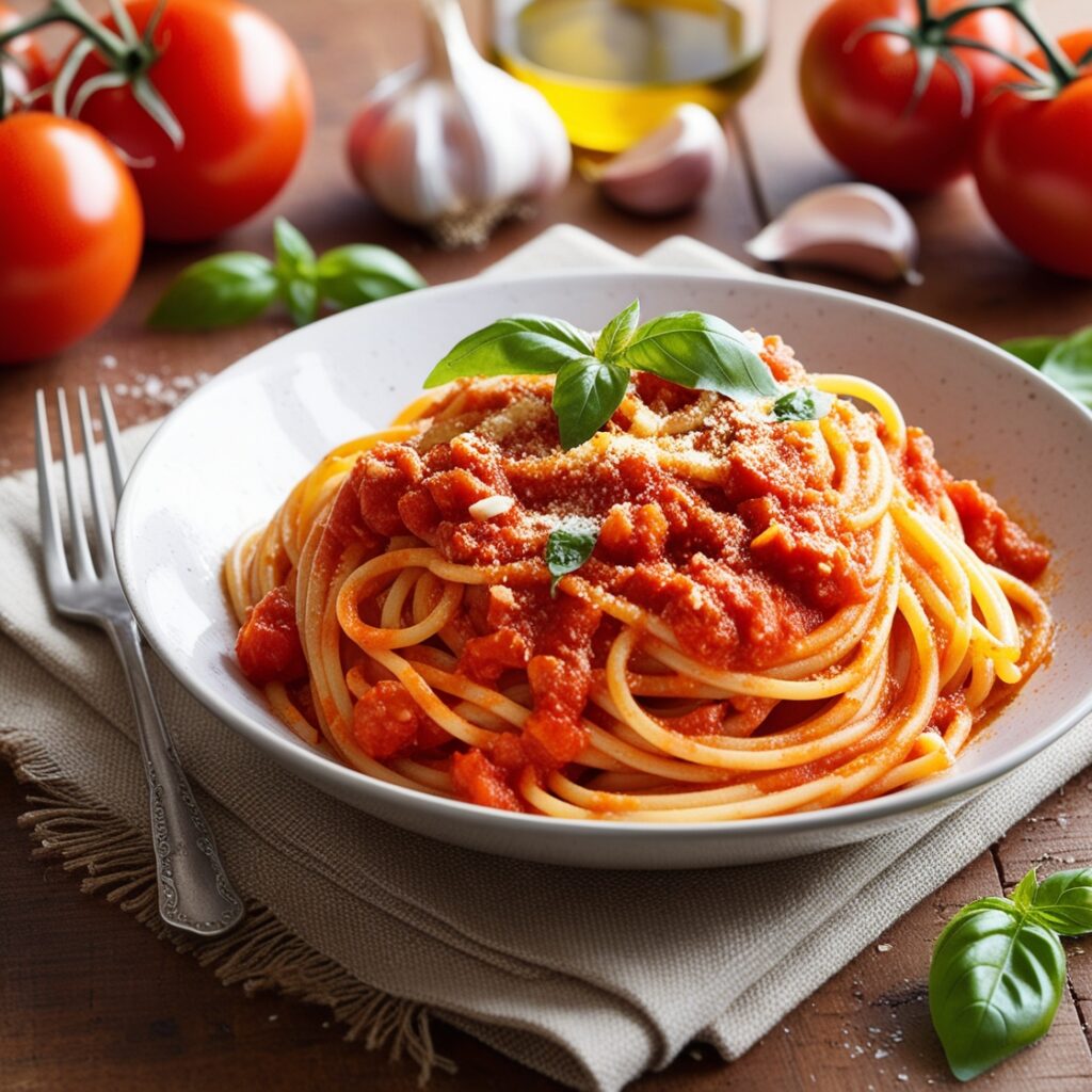 Tomato garlic pasta with fresh basil and Parmesan on a rustic wooden table