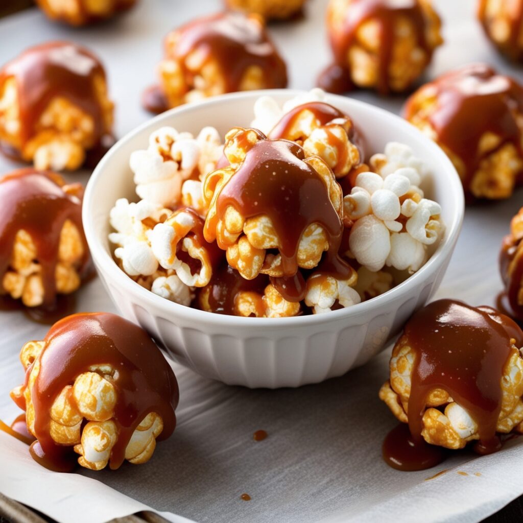 Caramel popcorn balls with a golden caramel coating, freshly made and arranged on a wax paper-lined tray