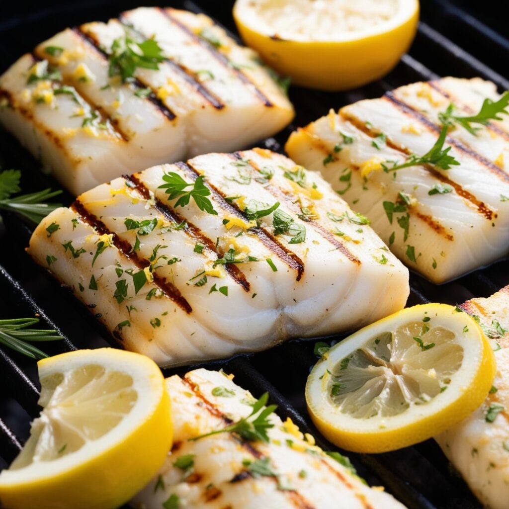 Grilled halibut fillets with lemon and herbs on a grill