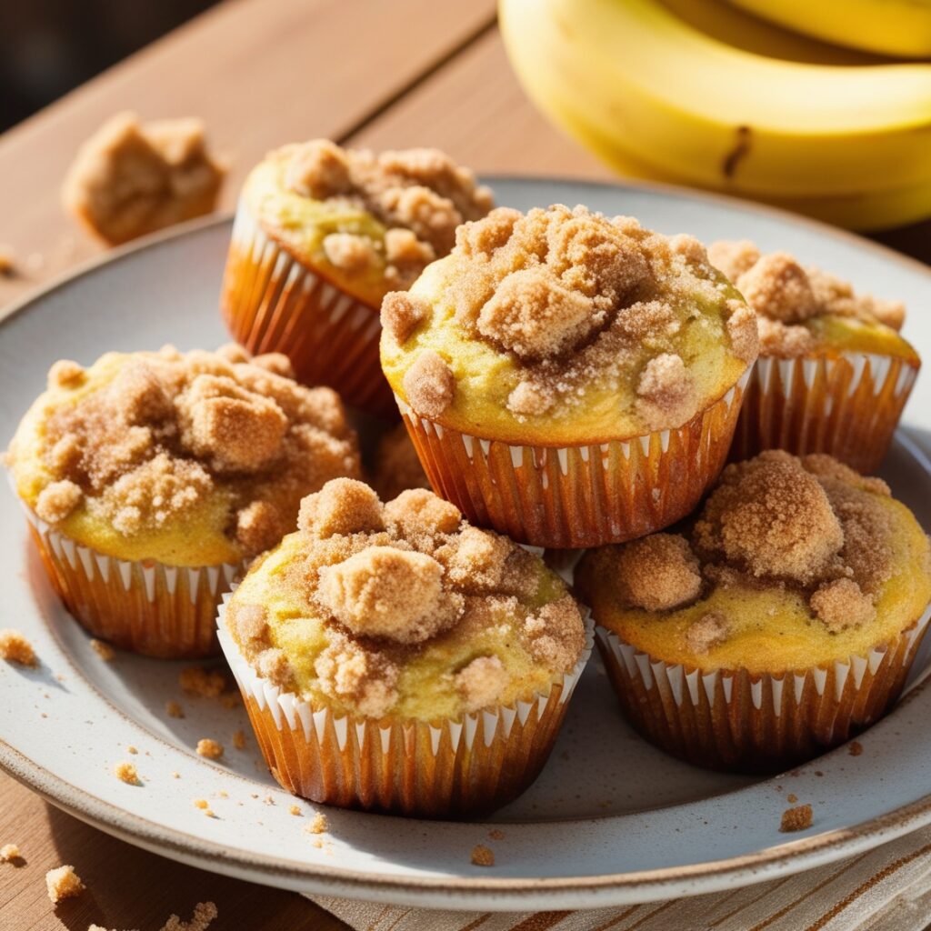 Close-up of banana crumb muffins on a rustic plate with a crunchy crumb topping, placed on a wooden table with fresh bananas in the background.