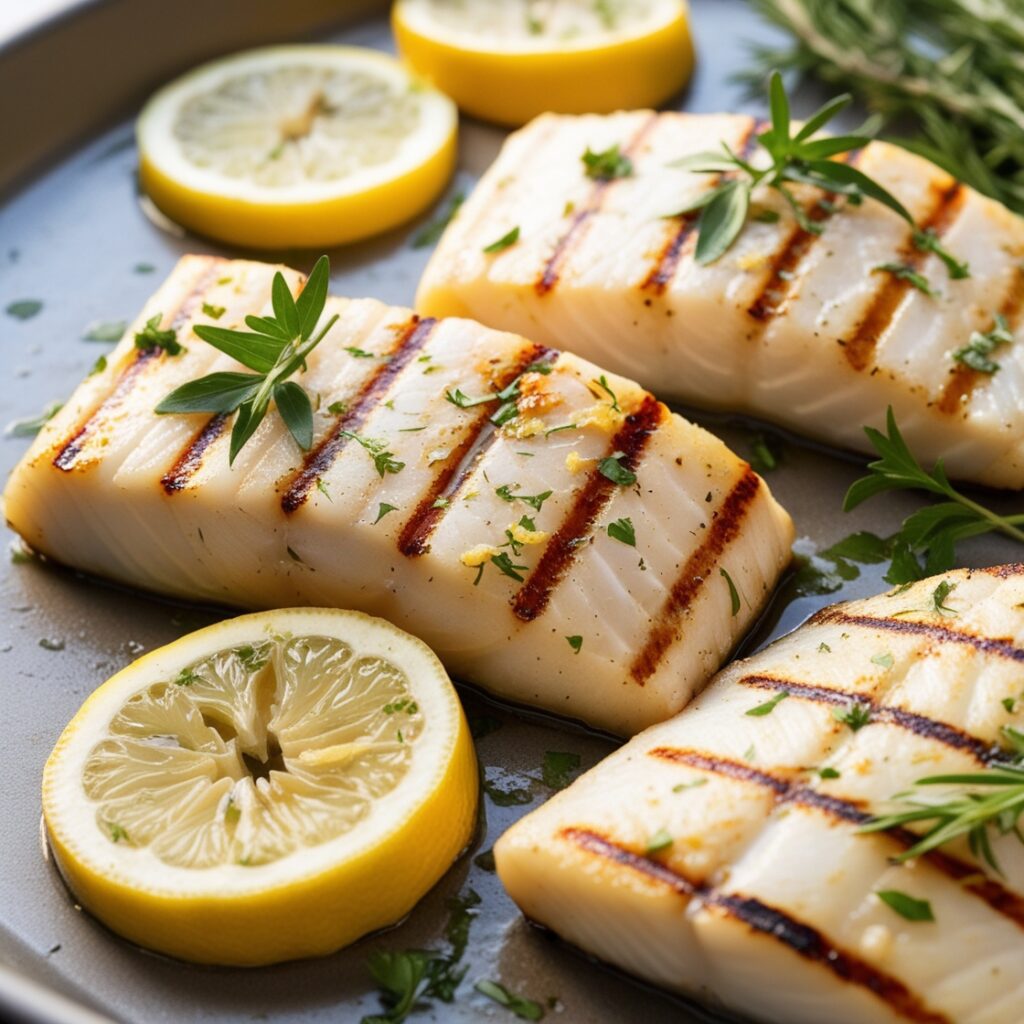 Grilled halibut fillets garnished with lemon slices and fresh herbs