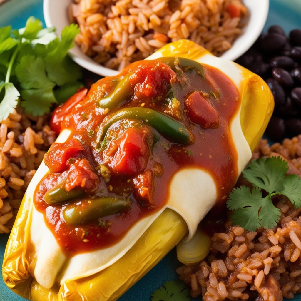 Close-up of a plate of chile relleno covered in homemade chile relleno sauce
