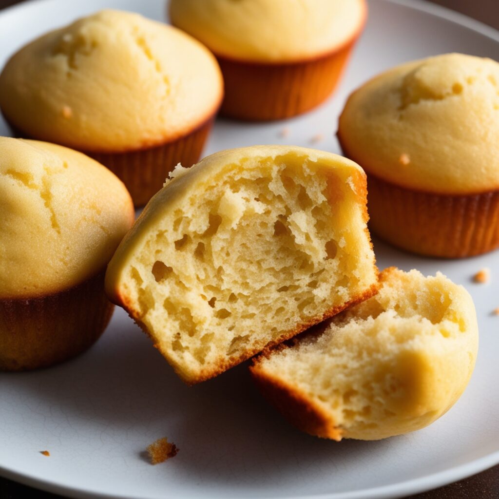 Close-up of a plate filled with freshly baked, golden-brown moist muffins, with one split open to reveal a soft, fluffy interior.