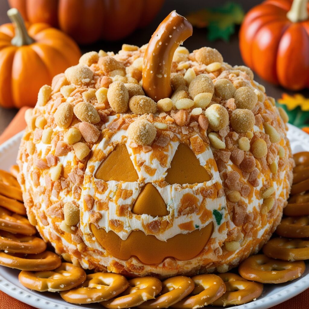 Pumpkin Cheese Ball shaped like a pumpkin with pretzel stem and cracker coating, served on a rustic autumn table.