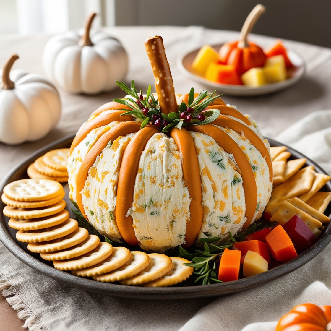 Pumpkin-shaped cheese ball served with crackers for Thanksgiving appetizer