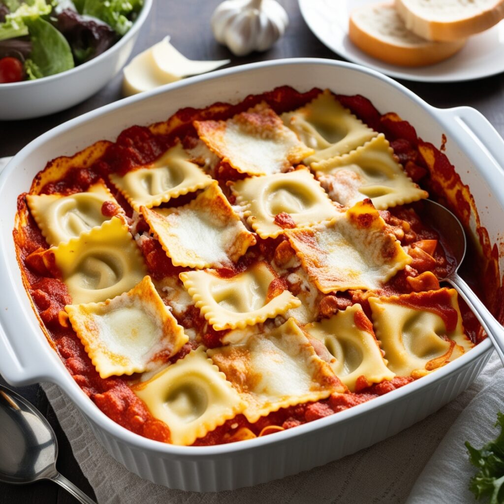 Cheesy baked ravioli casserole topped with golden-brown melted cheese, fresh out of the oven.