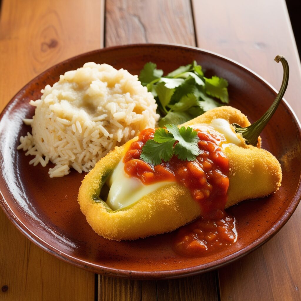 Stuffed chile relleno topped with sauce on a plate