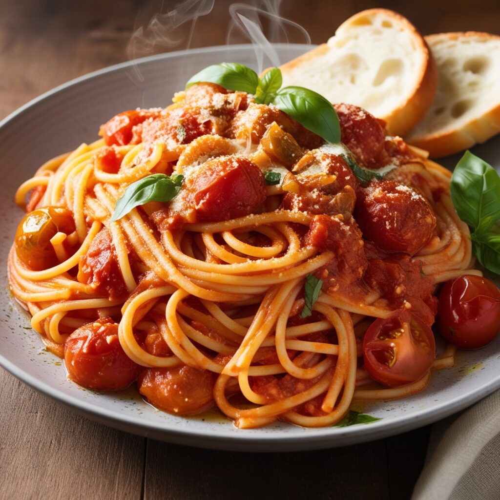 A vibrant plate of tomato and garlic pasta topped with fresh basil and Parmesan cheese, served with a side of garlic bread.