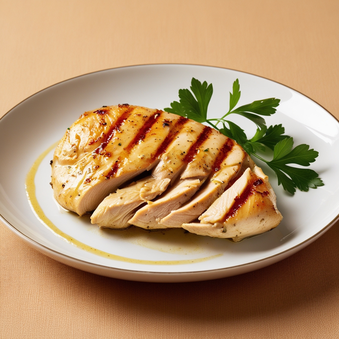 Perfectly cooked juicy chicken breast on a wooden cutting board with herbs.