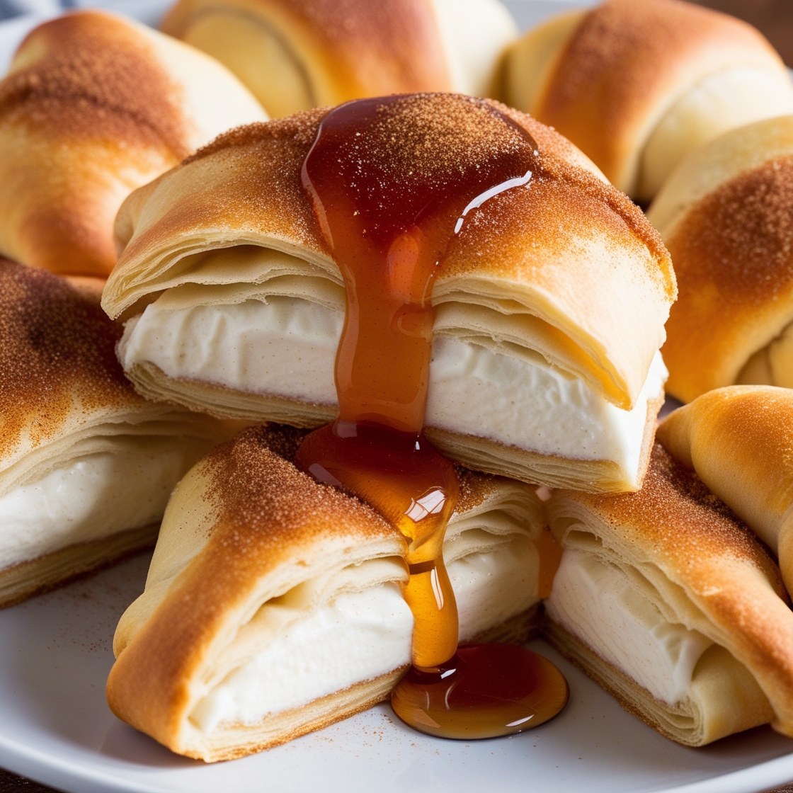 A slice of Sopapilla Cheesecake dessert topped with cinnamon sugar and honey drizzle, served on a white plate.