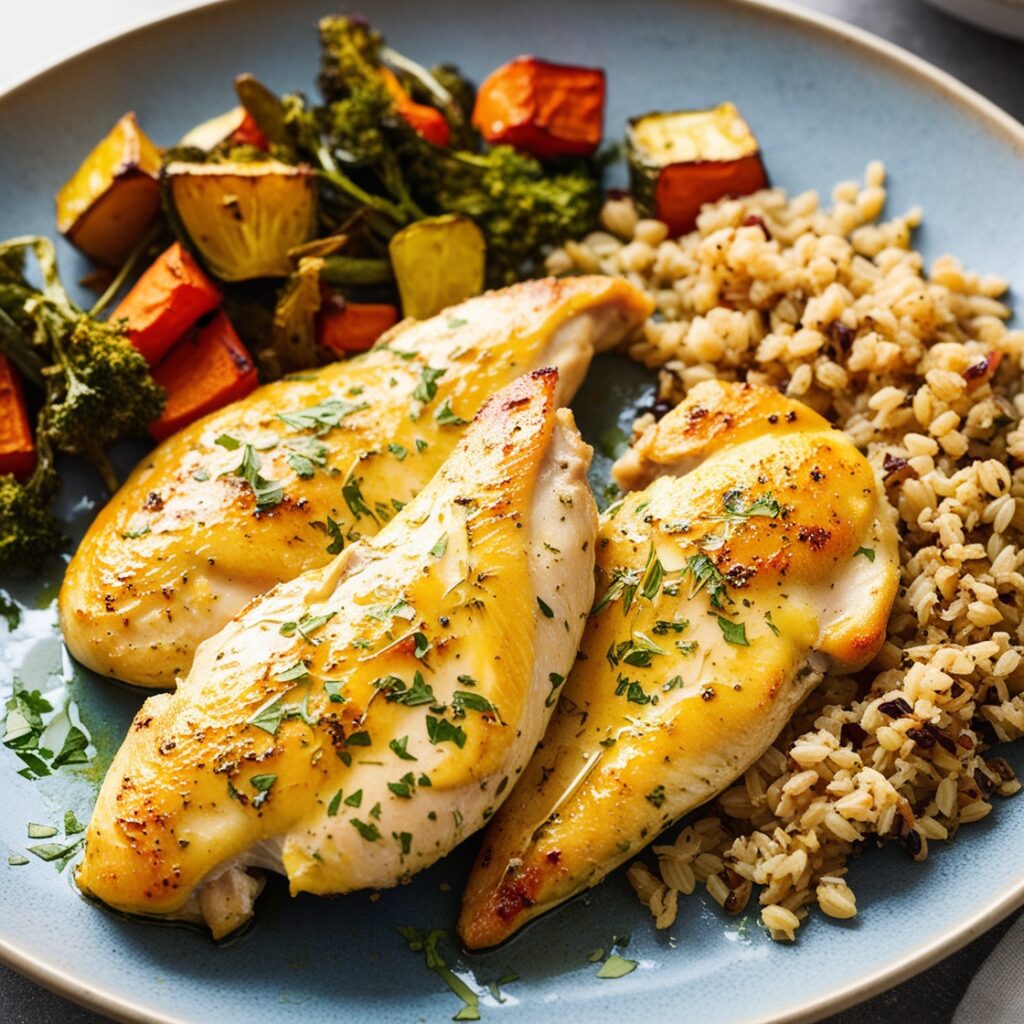 Juicy baked chicken breasts served with roasted vegetables and grains.