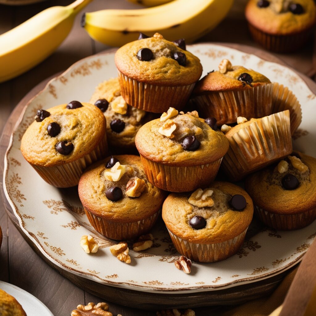 Freshly baked banana muffins cooling on a wire rack with bananas and baking utensils in the background.