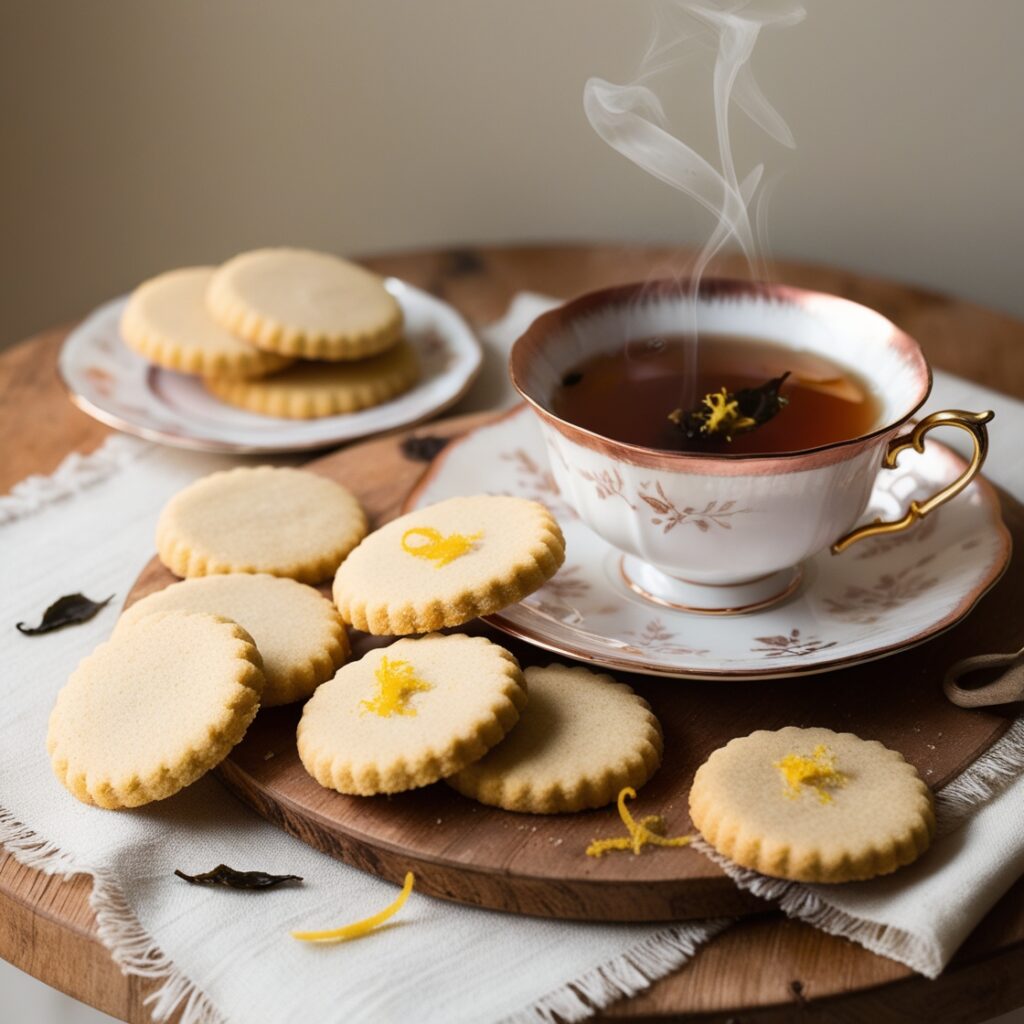Earl Grey shortbread cookies arranged on a white plate, garnished with tea leaves and lemon zest.