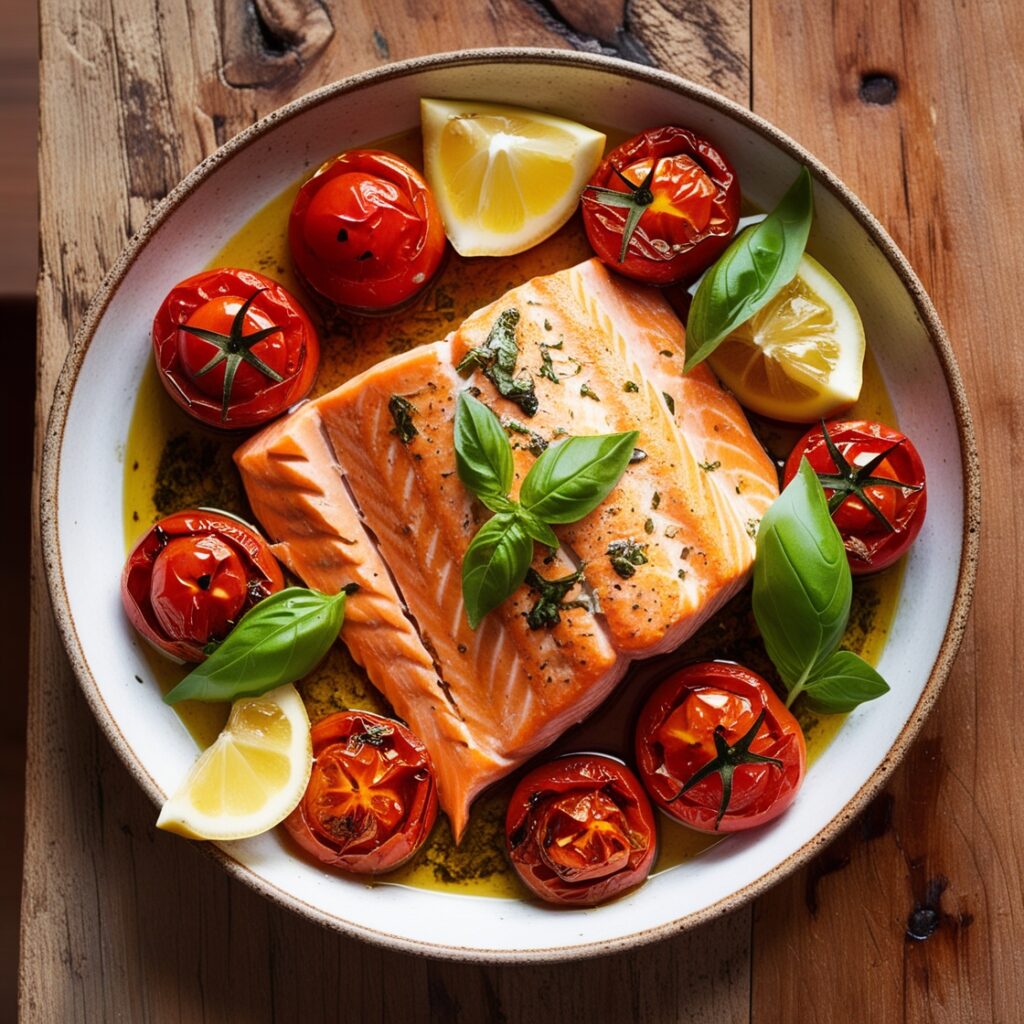 Plate of tomato basil salmon with roasted cherry tomatoes, fresh basil leaves, and lemon wedges, served on a rustic wooden table.