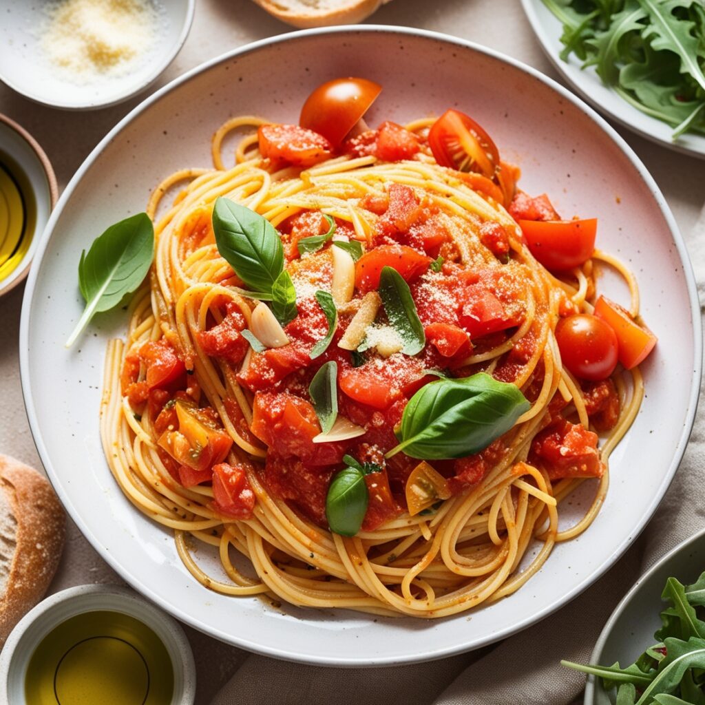 Plate of spaghetti with light tomato garlic sauce, garnished with fresh basil and Parmesan cheese, served in an Italian kitchen setting.