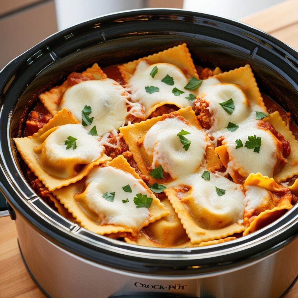 Ravioli casserole in a crock pot with melted cheese and marinara sauce.