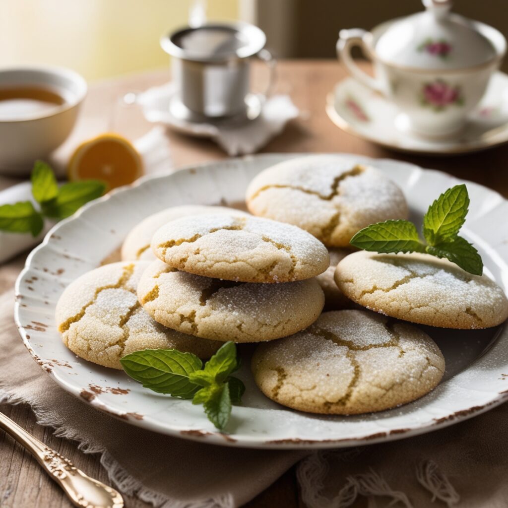 Earl Grey sugar cookies arranged on a white plate, garnished with tea leaves and a slice of lemon.