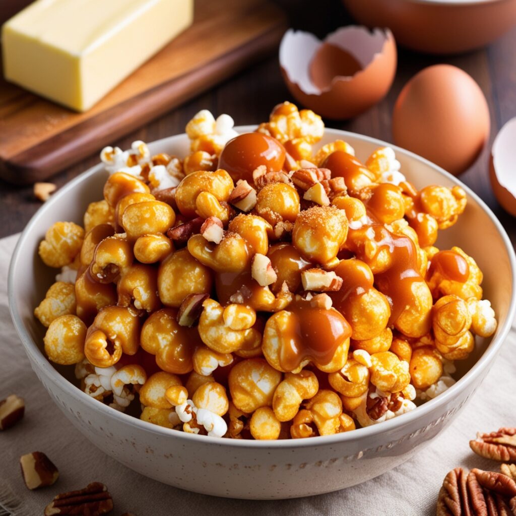 Golden caramel popcorn coated with a glossy caramel glaze, made with the addition of a whole egg for enhanced texture and flavor.