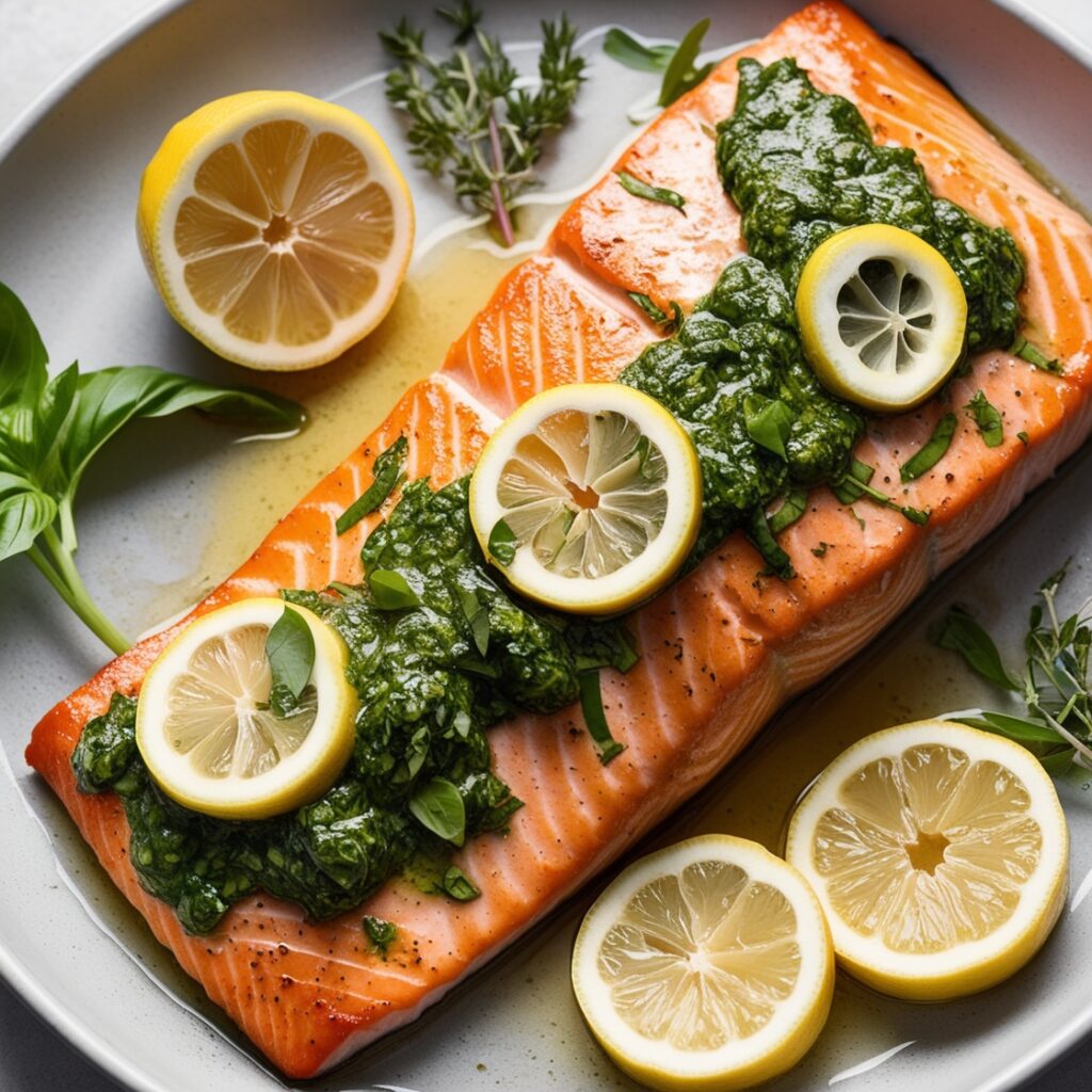 Basil butter salmon fillet served on a plate with fresh herbs and lemon slices.