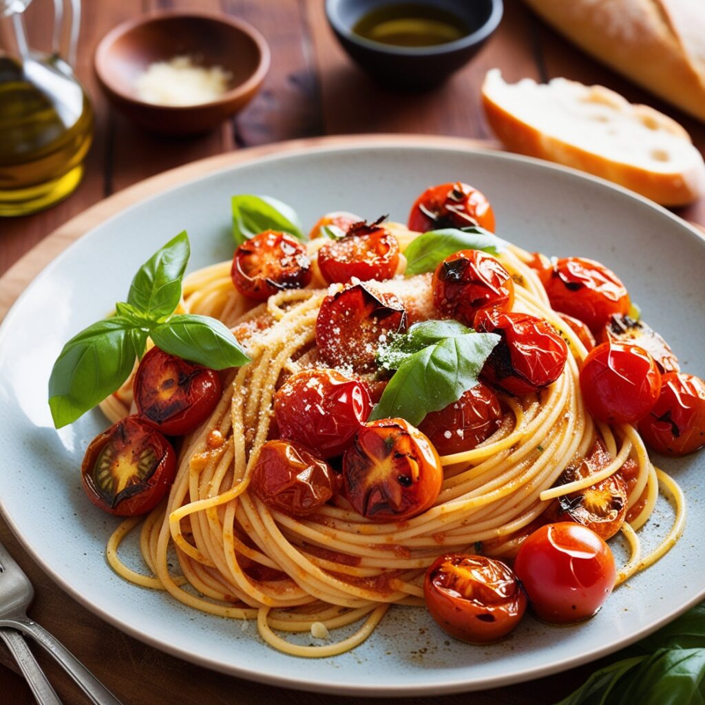Plate of roasted tomato pasta with spaghetti, topped with fresh basil and Parmesan cheese, served on a rustic wooden table.