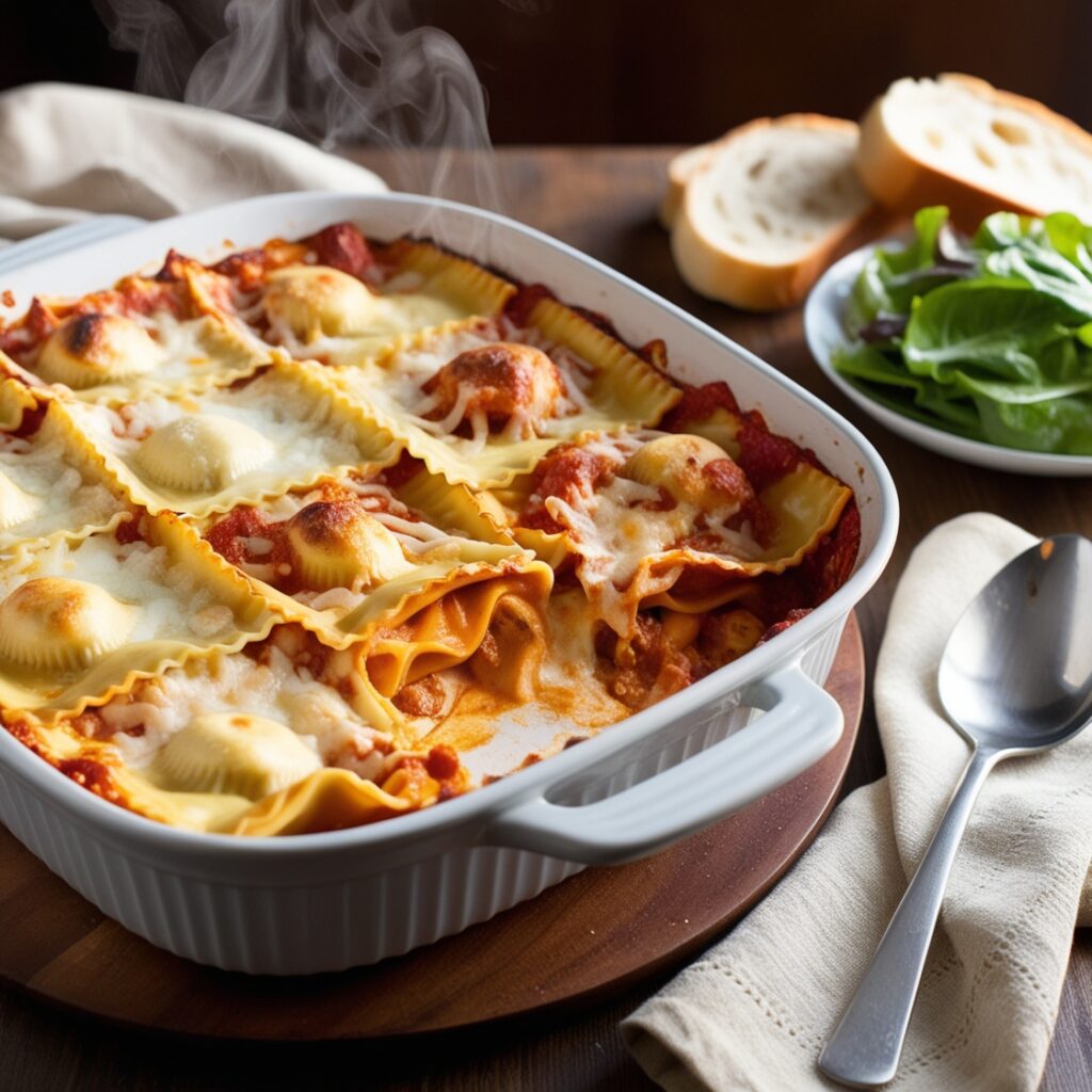 Cheesy baked ravioli casserole fresh from the oven with melted cheese and a golden-brown top.