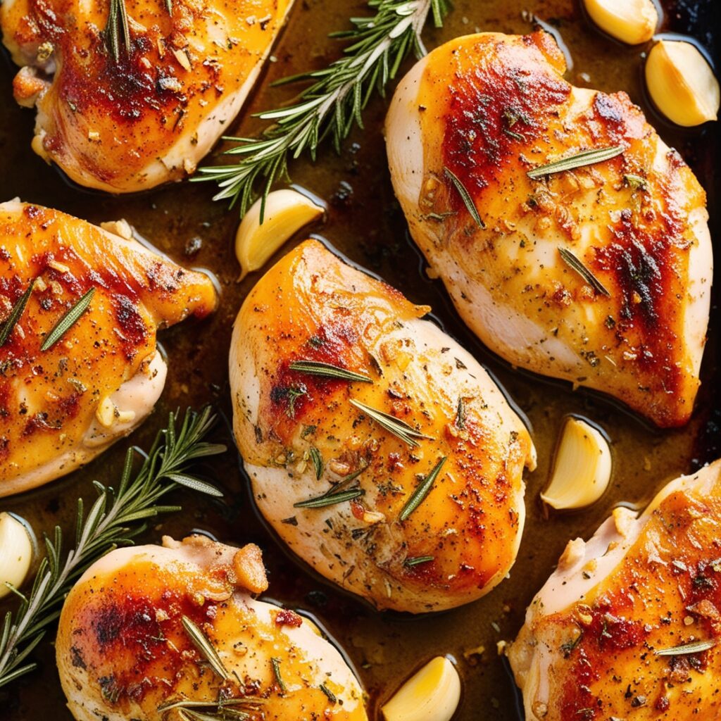 Perfectly baked chicken breasts on a baking tray with seasoning