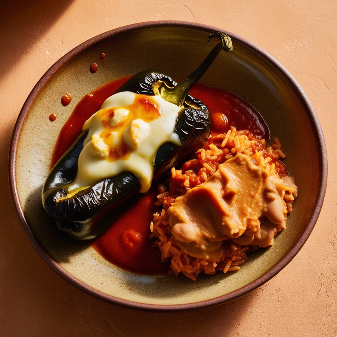 How to eat chile rellenos with tomato sauce, served with rice and beans