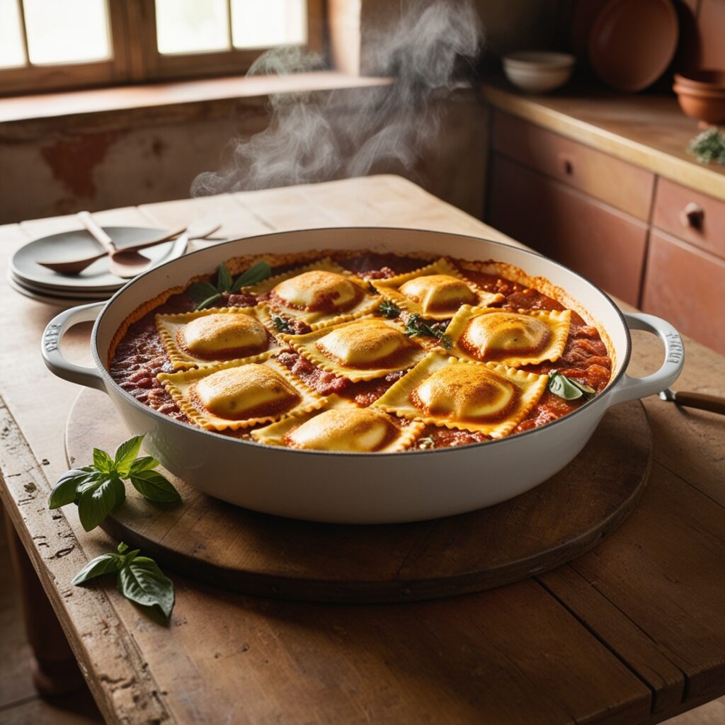 Baked ravioli in a casserole dish with melted cheese and marinara sauce.