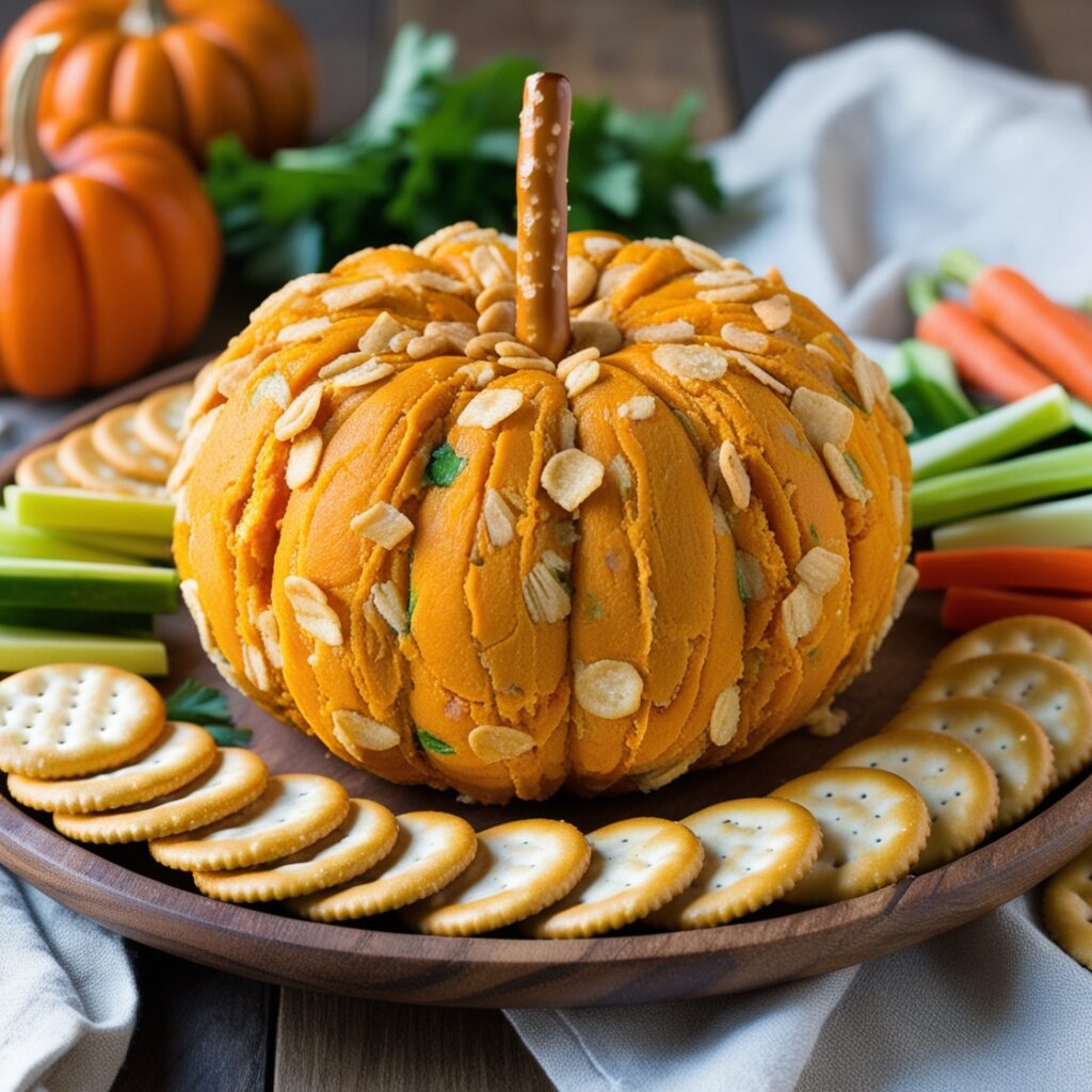 Pumpkin-shaped cheese ball appetizer with crackers and pretzels