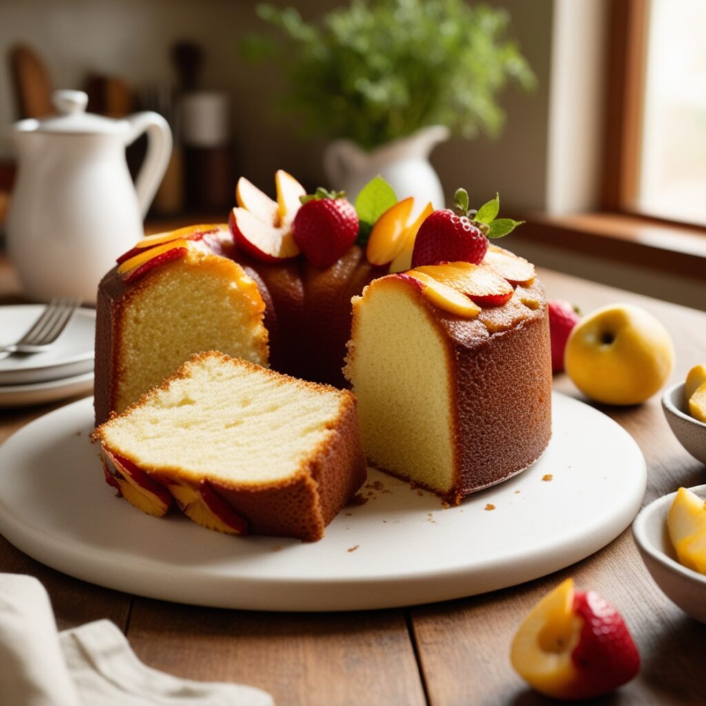 Moist homemade cake slice with golden-brown crust on a plate.