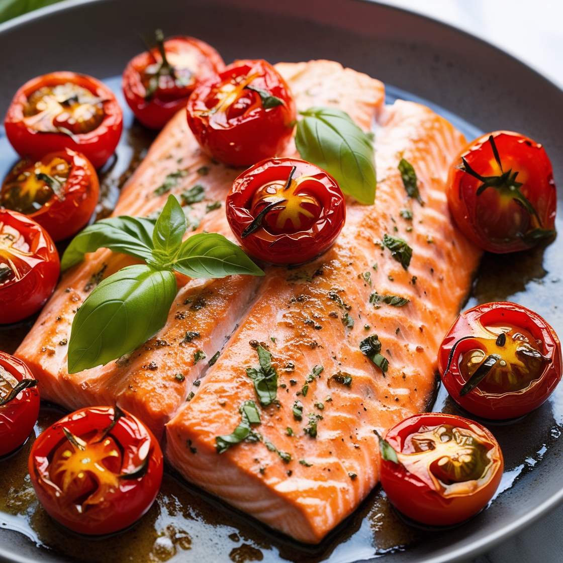 Salmon with roasted cherry tomatoes on a plate, garnished with fresh herbs.