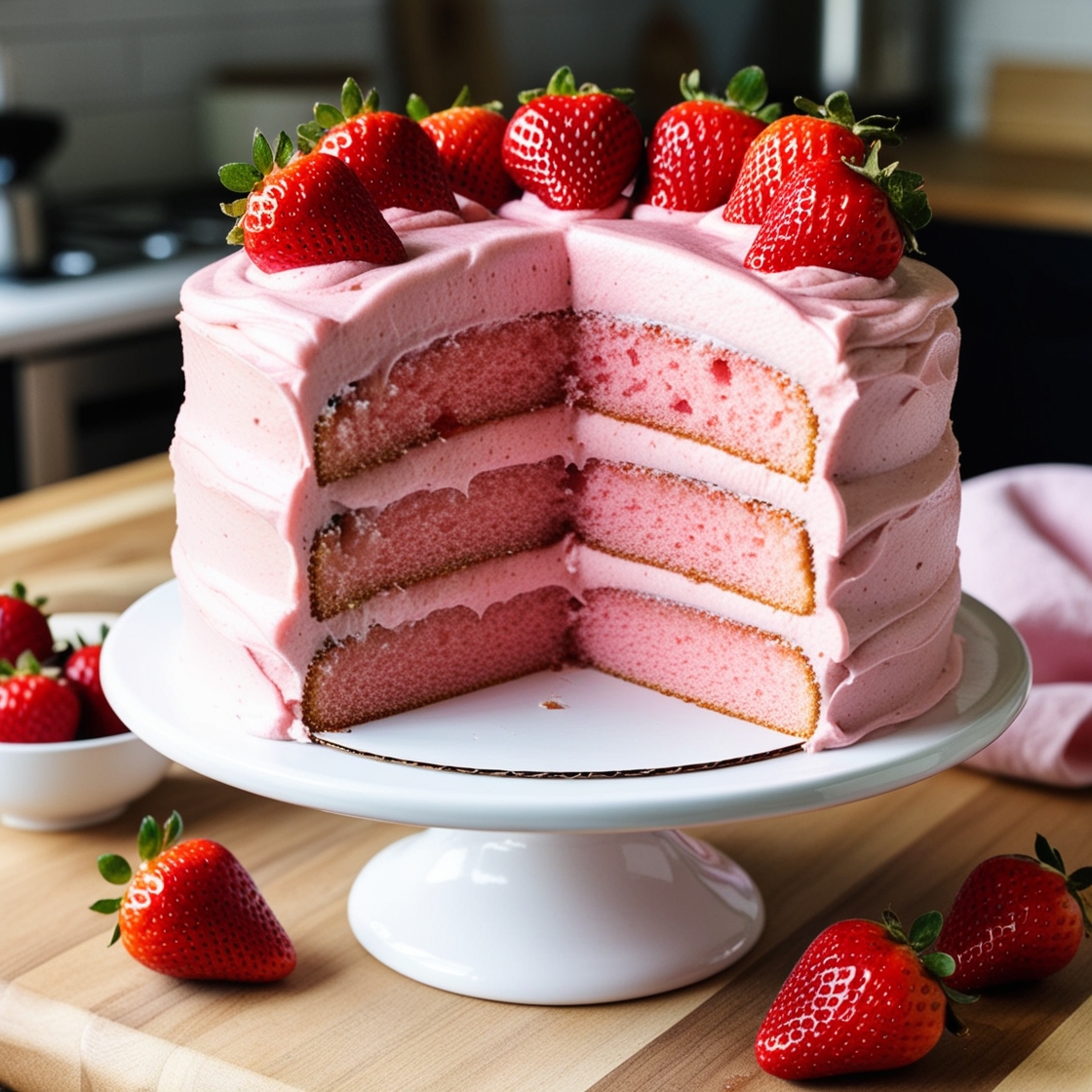 Fully pink strawberry cake with pink sponge layers and strawberry frosting