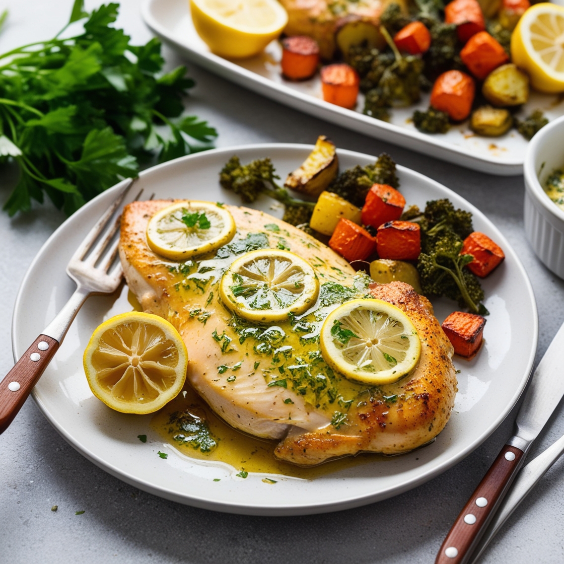 Juicy baked chicken breasts served with roasted vegetables and fresh herbs