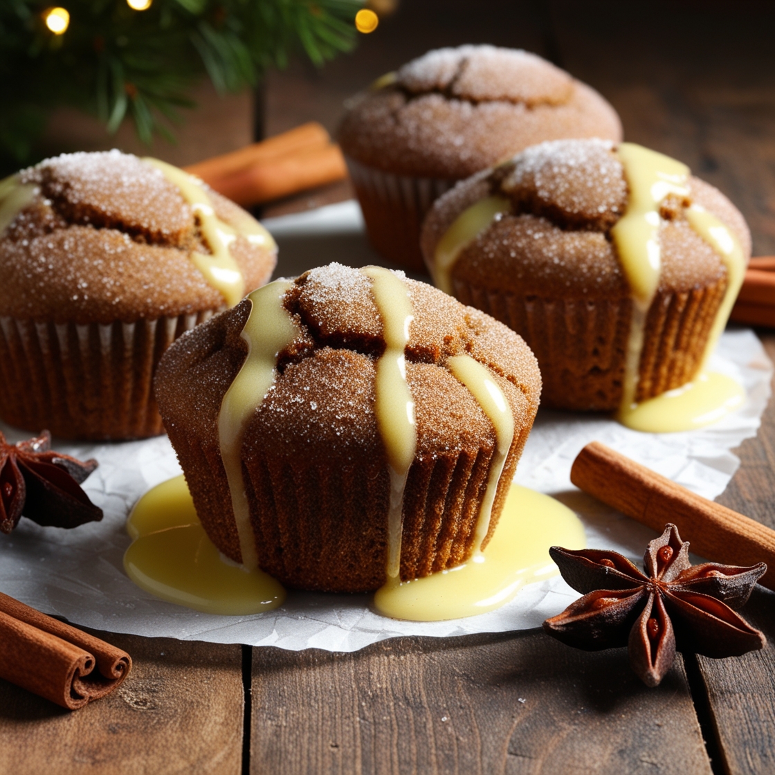 Freshly baked gingerbread muffins with a golden-brown top, perfect for holiday breakfasts or snacks.