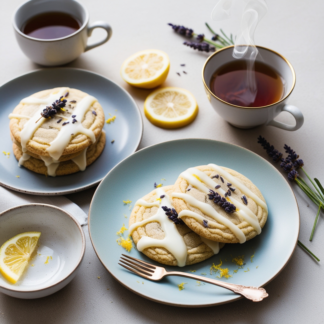 Earl Grey cookies on a plate, garnished with lemon zest and paired with a cup of tea