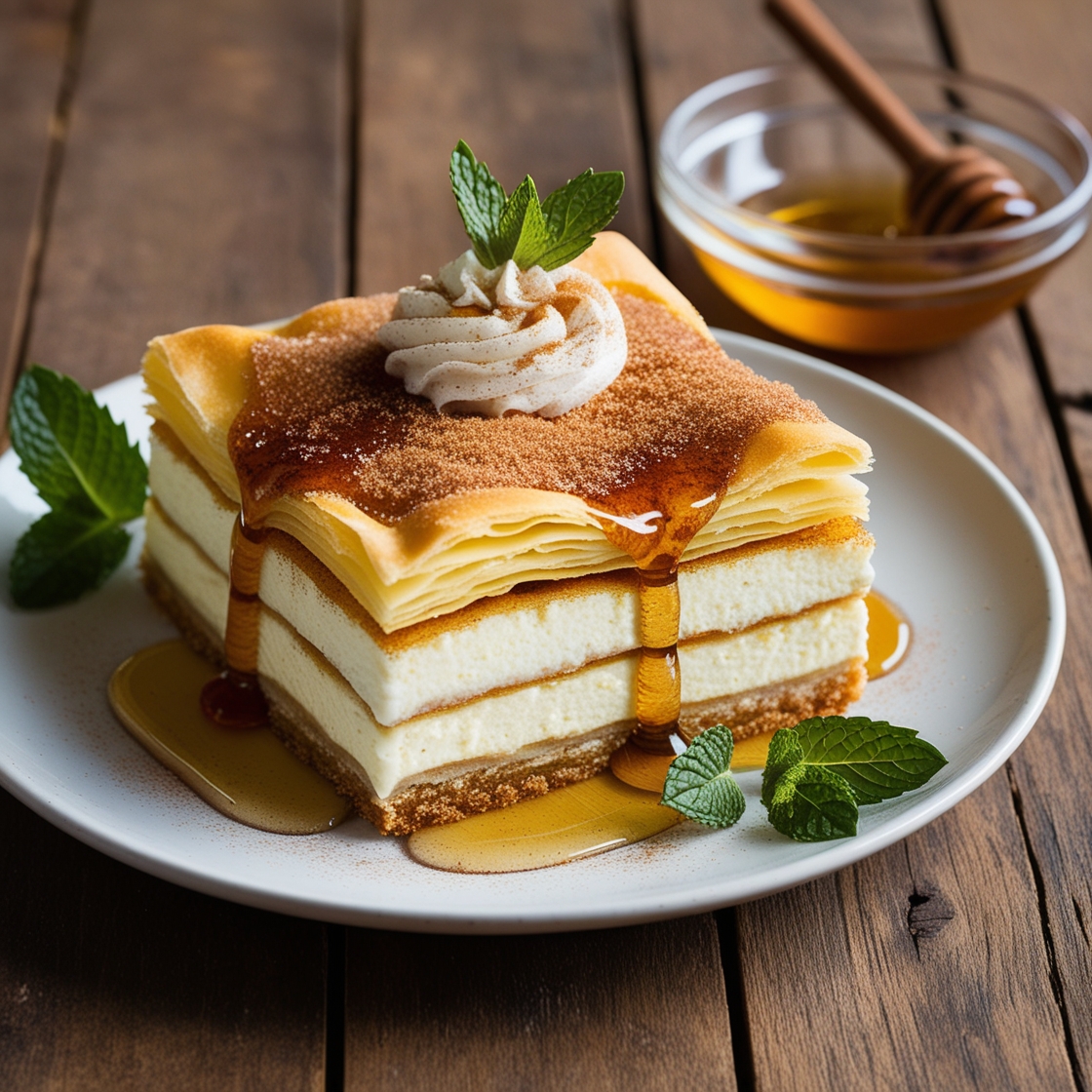 Sopapilla Cheesecake with crispy pastry layers and creamy cheesecake filling, topped with cinnamon sugar and honey.