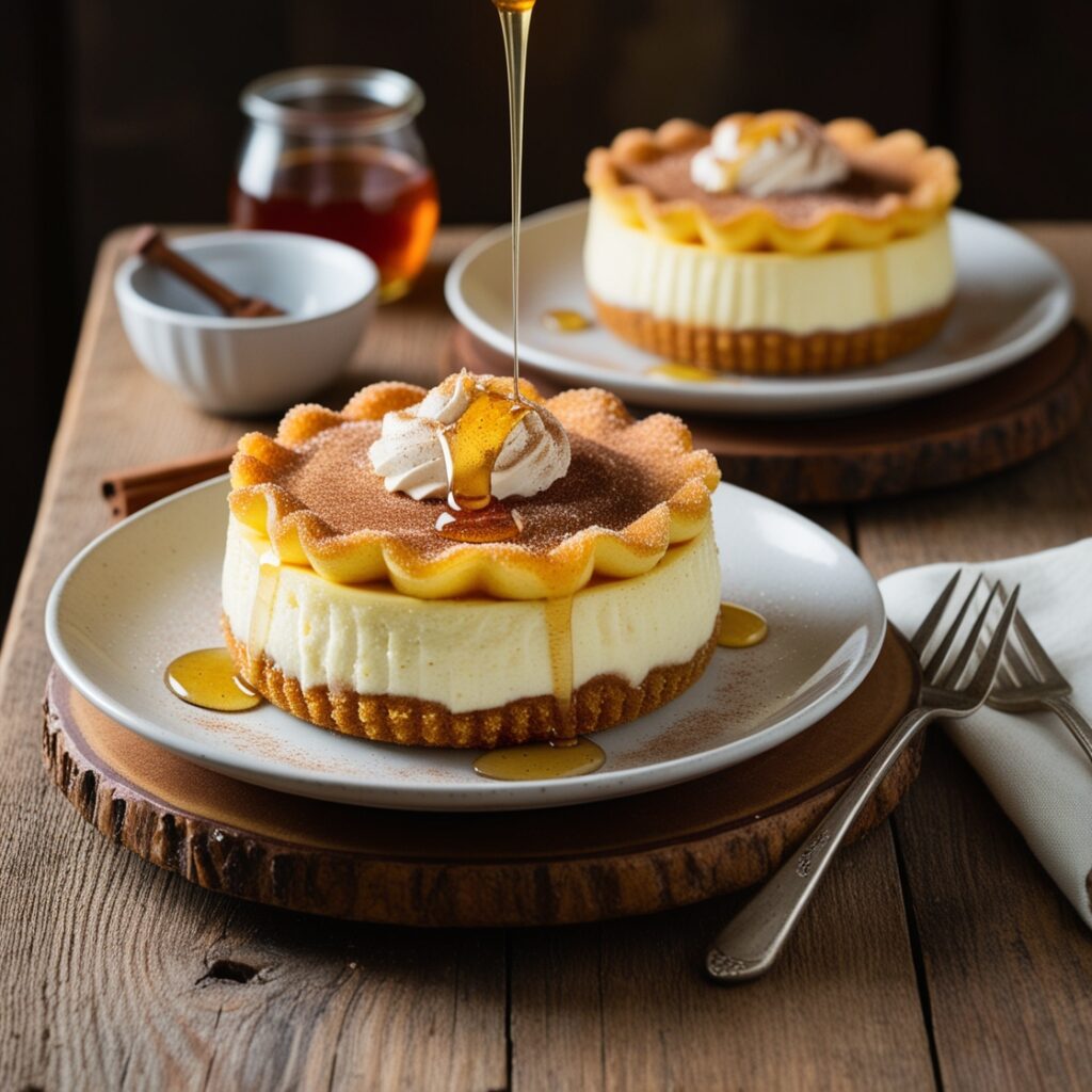 Cheesecake and sopapilla served together, highlighting the contrast between the creamy cheesecake and the crispy sopapilla.