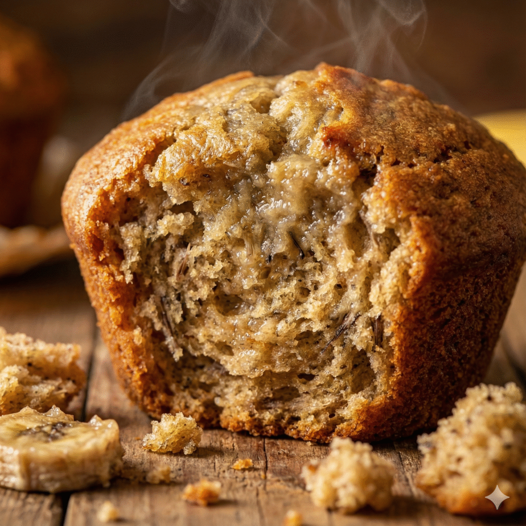 Why are my banana muffins soggy? Freshly baked banana muffins cooling on a wire rack with bananas and baking utensils in the background.