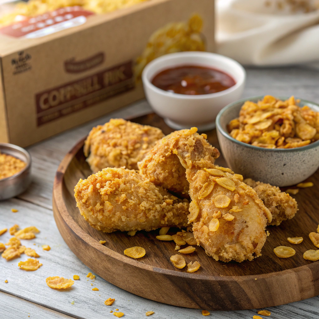 Crispy fried chicken coated with golden crushed cornflakes, served on a wooden board with a side of dipping sauce.