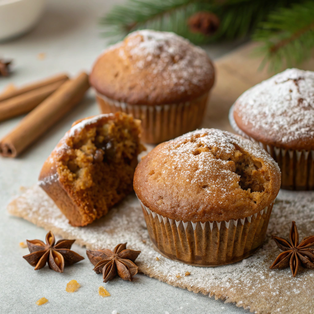 Close-up of three freshly baked gingerbread muffins with a golden-brown top, dusted with powdered sugar, on a rustic wooden surface.