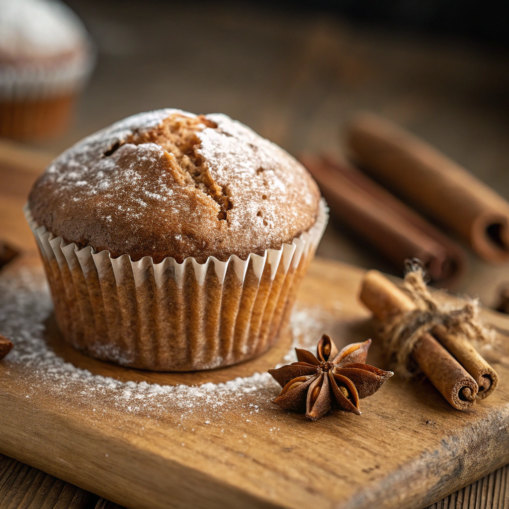 A single gingerbread muffin with a golden-brown top, dusted with powdered sugar, placed on a rustic wooden surface with warm spices in the background.