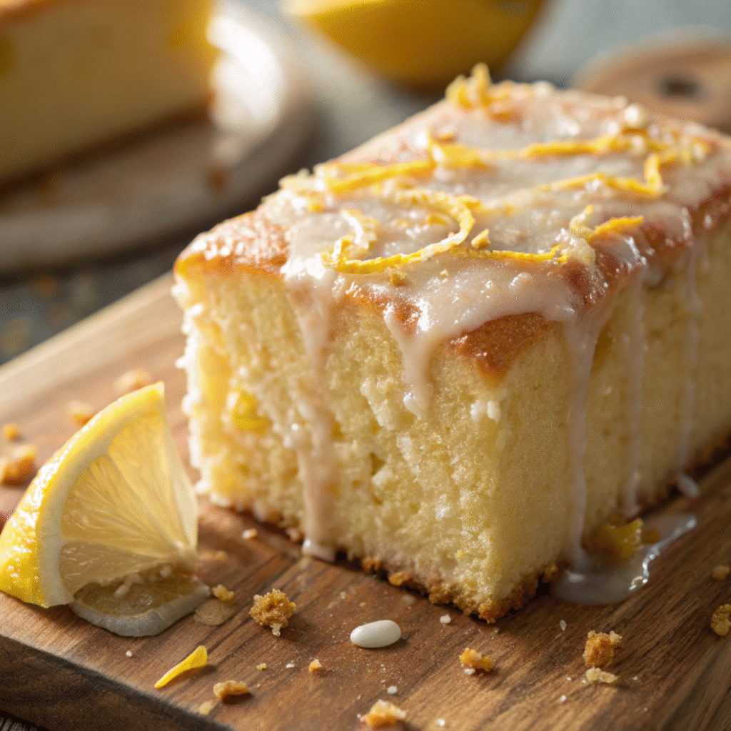 A moist lemon buttermilk pound cake with a golden-brown crust, drizzled with lemon glaze and surrounded by fresh lemons and lemon zest on a rustic wooden table.