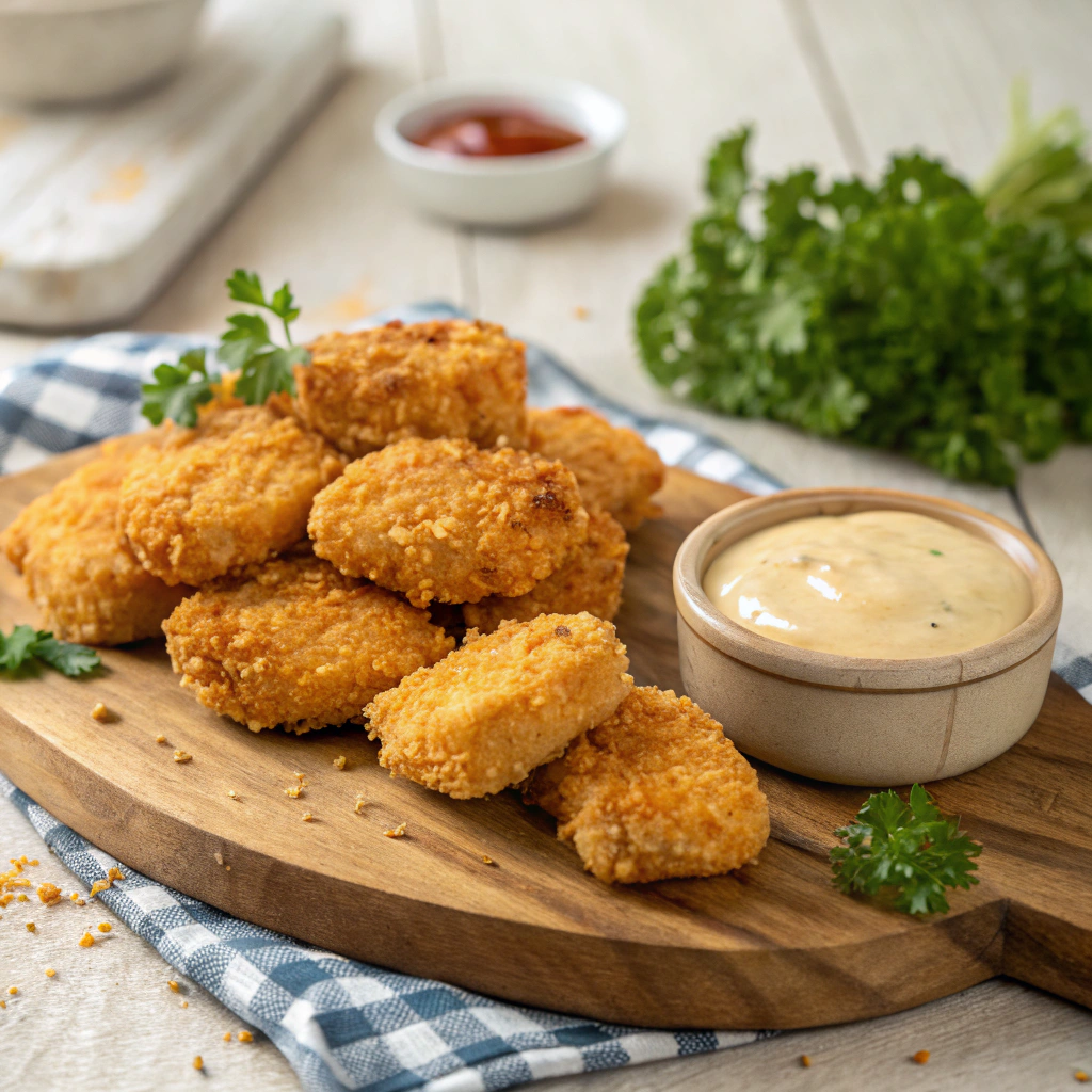 Golden, crispy Cornflake Chicken Nuggets served with a creamy dipping sauce on a rustic wooden board.